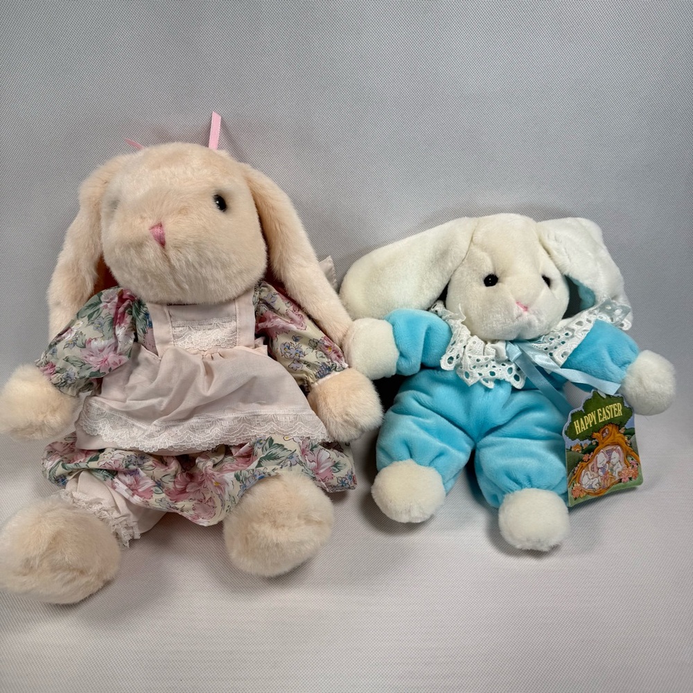 VTG Plush Bunny Duo - Floral Dress & Blue Romper Easter